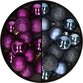 Decoris kleine kerstballen - 28x st - donkerblauw en paars - 3 cm - kunststof