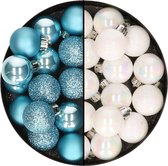 Decoris kleine kerstballen - 28x st - parelmoer wit en ijsblauw - 3 cm - kunststof