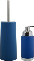 MSV Toiletborstel in houder 35 cm/zeeppompje 275 ml set Moods - kunststof/keramiek - blauw/zilver