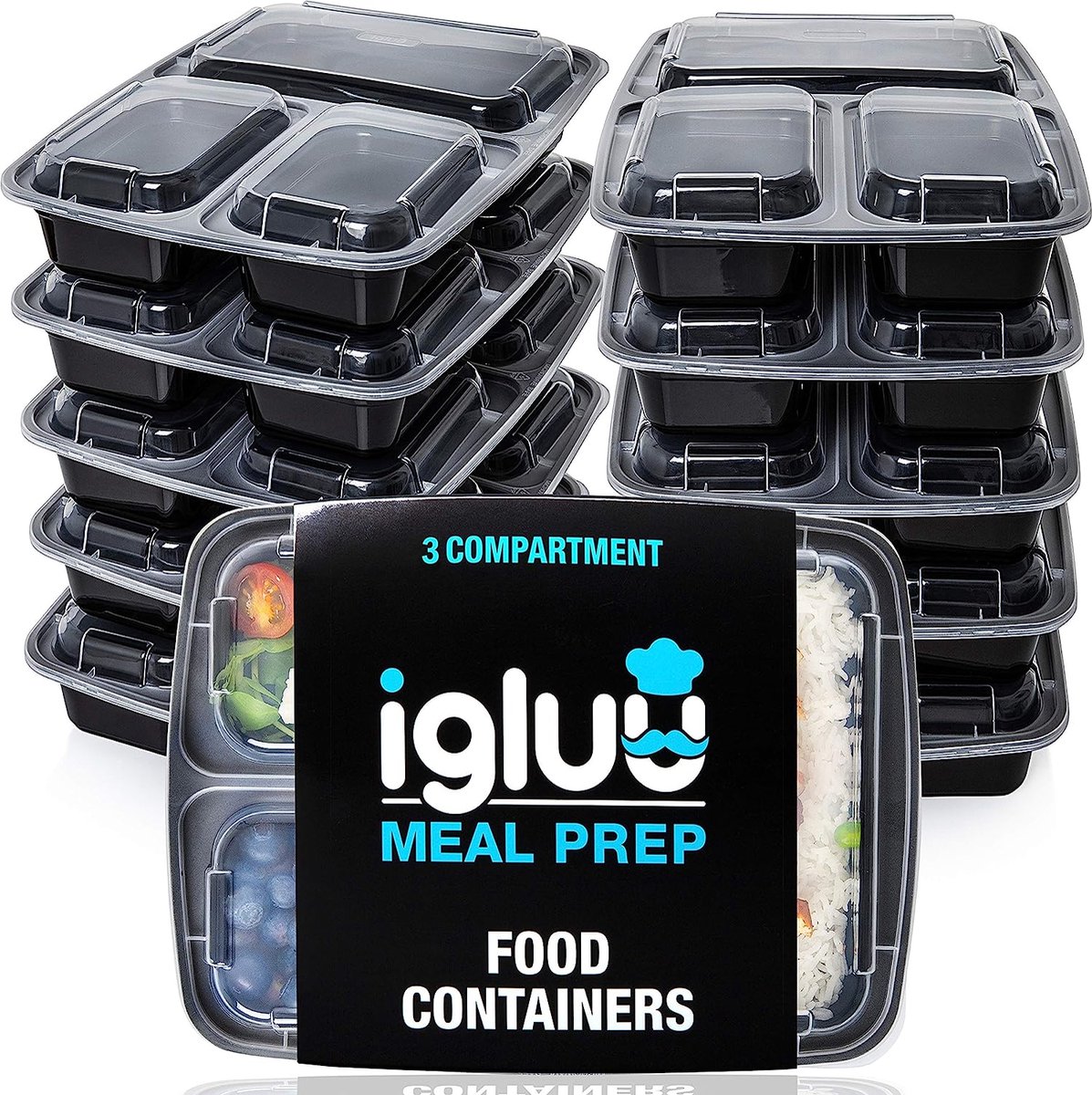 [10 Stuks] 3 Compartimenten BPA Vrij Herbruikbare Meal Prep Containers - Plastic Voedsel Bakjes met Luchtdichte Deksels - Magnetron, Vriezer en Vaatwasserbestendig - Stapelbare Bento Box (900 ml)