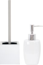 MSV Toiletborstel in houder 38 cm/zeeppompje badkamer accessoires set Montreal - MDF/keramiek - wit