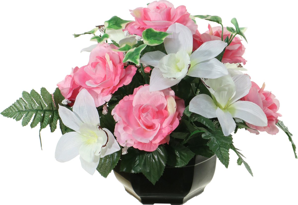 Louis Maes Kunstbloemen plantje in pot - roze/wit - 25 cm - Bloemstuk ornament - orchidee/rozen met bladgroen