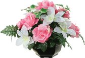 Louis Maes Kunstbloemen plantje in pot - kleuren roze/wit - 25 cm - Bloemstuk ornament - orchidee/rozen met bladgroen