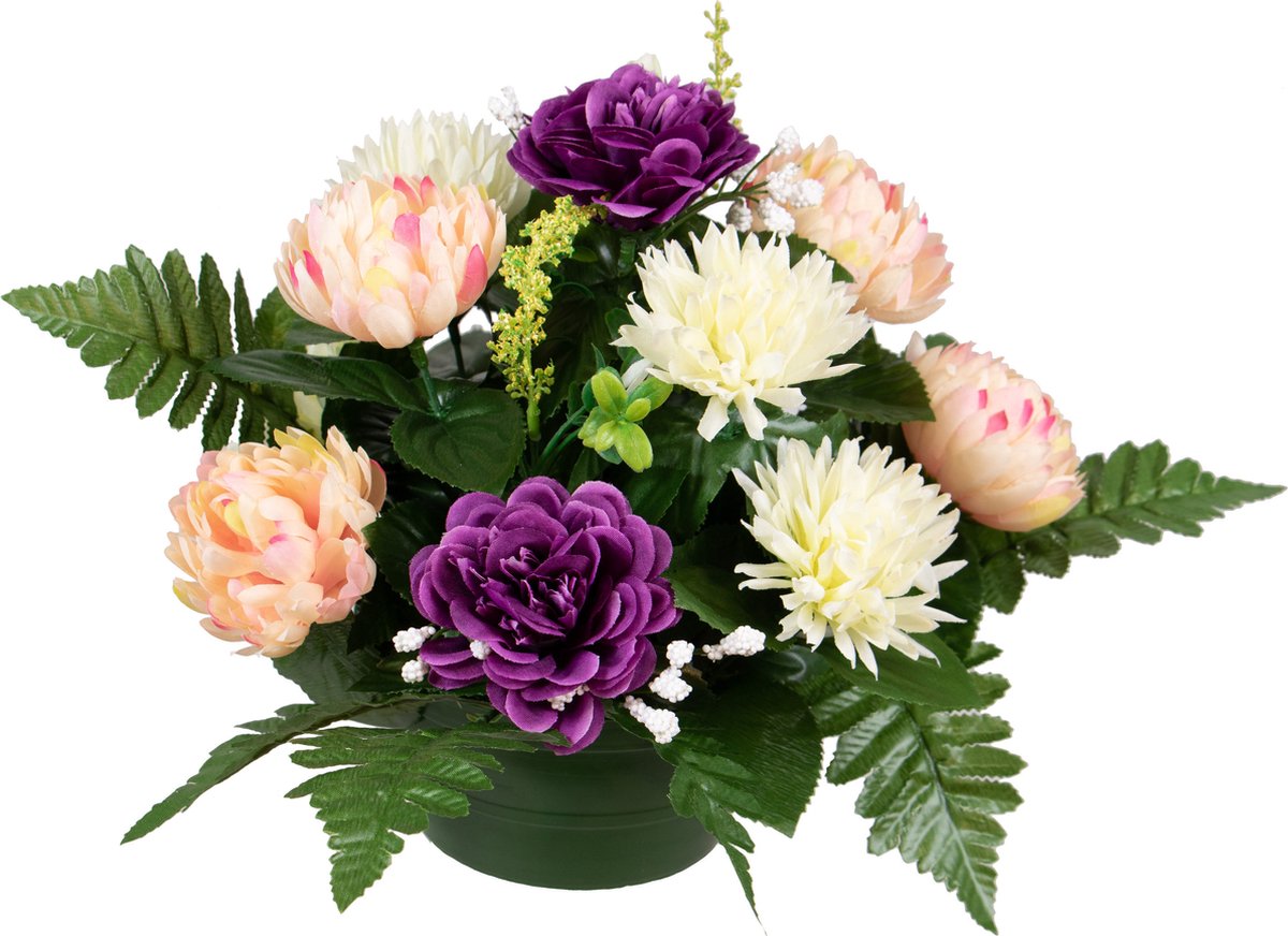 Louis Maes Kunstbloemen boeket crysanten in pot - kleurenmix - D30 x H24 cm - Bloemstuk - Bladgroen Paars
