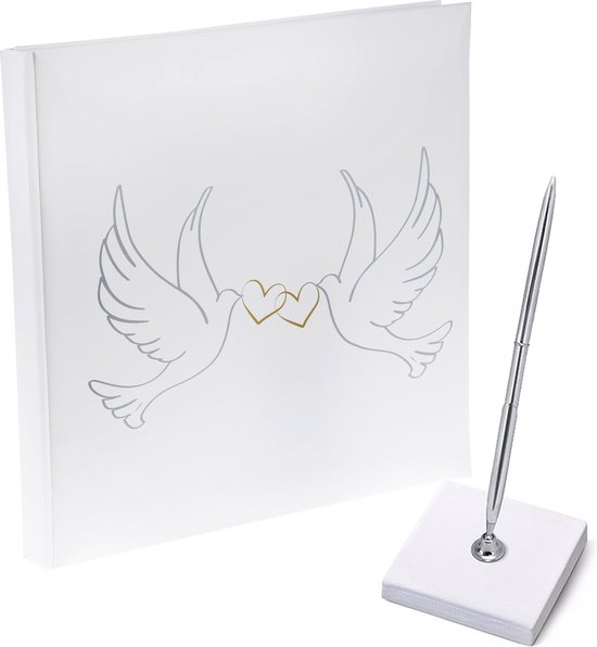 Gastenboek/receptieboek met luxe pen in houder - Bruiloft - zilver/wit - 24 x 24 cm