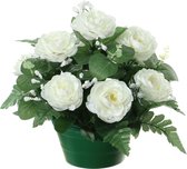 Louis Maes Kunstbloemen plantje in pot - wit - 25 cm - Bloemstuk ornament - rozen met bladgroen