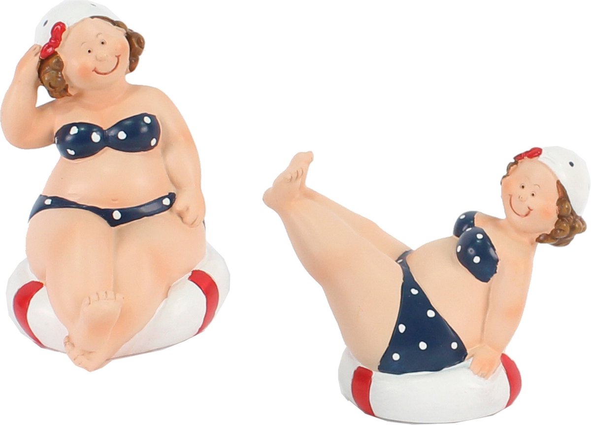 Woonkamer decoratie beeldjes set van 2 dikke dames - blauw badpak - 10 cm