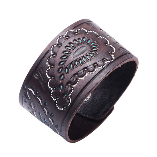 Marama - bracelet imprimé Paisley - cuir marron foncé - boutons pression - bracelet large - bracelet femme - bracelet homme