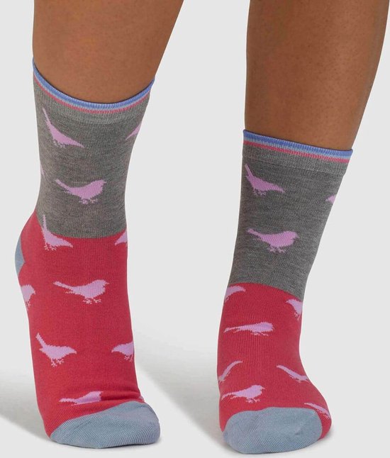 Thought dames sokken birdie - mid grey marle - sokken met vogels - bamboe sokken - duurzame sokken