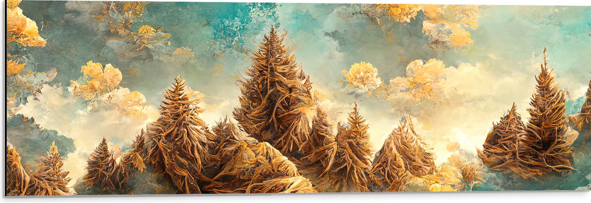 Dibond - Waterverf Tekening van Berglandschap - 90x30 cm Foto op Aluminium (Wanddecoratie van metaal)
