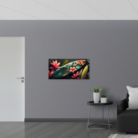 Poster Glanzend – Surfboard met Patroon van Planten en Bloemen - 100x50 cm Foto op Posterpapier met Glanzende Afwerking