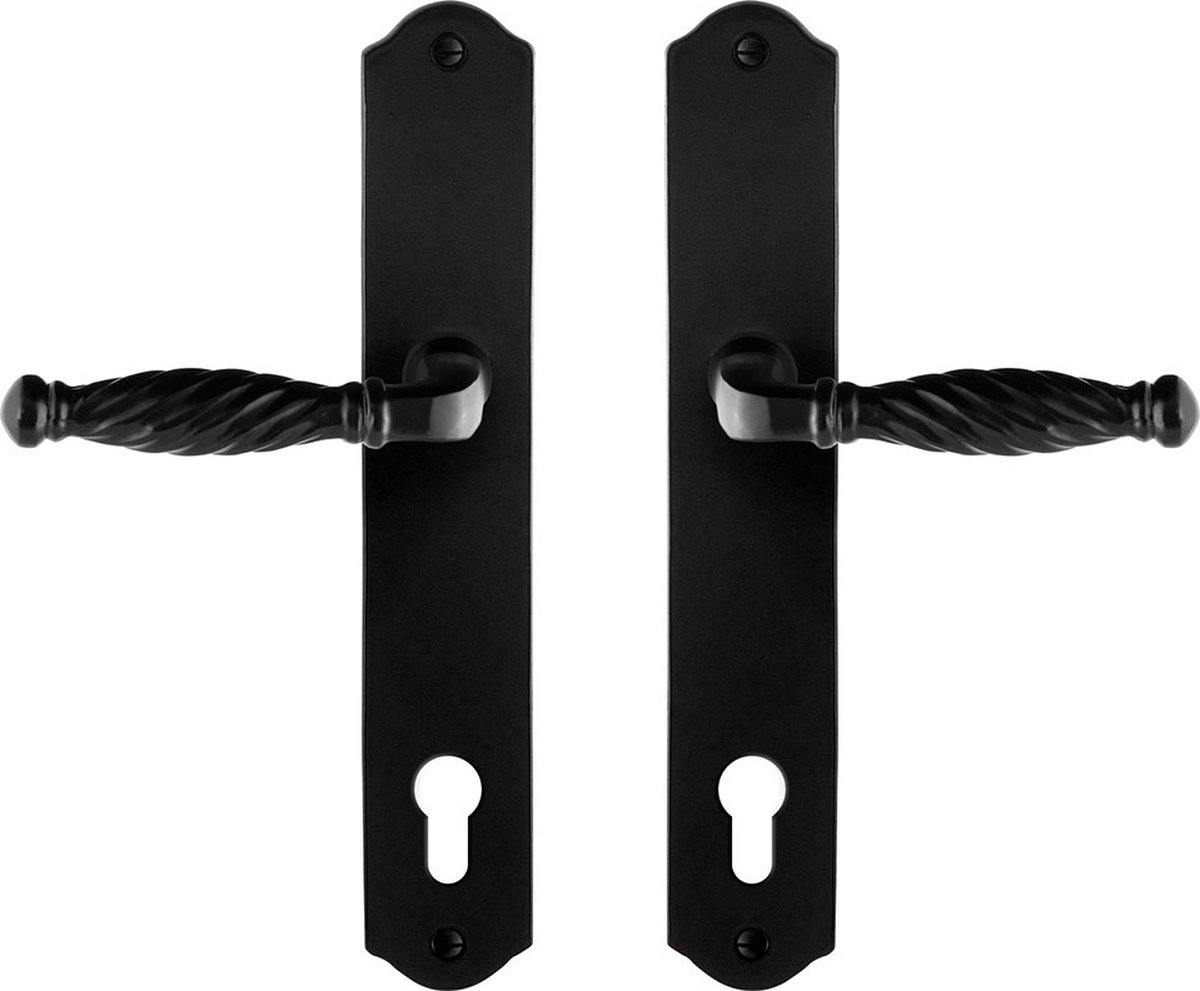 Deurkruk op schild - Smeedijzer zwart - Gietijzer - GPF - GPF6225.60 smeedijzer zwarte Deurklink Tuli op PC92, 238x41x4mm