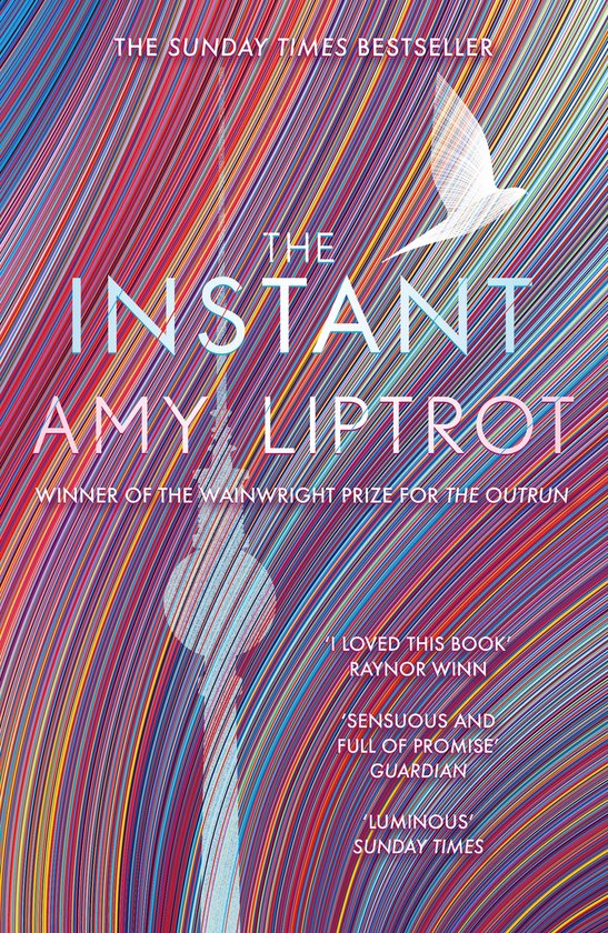 Livre "The Instant" par Amy Liptrot, avec un fond coloré et rayé et une silhouette de la Fernsehturm.