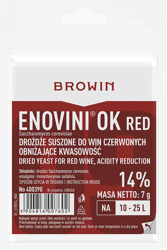 Emballage Browin Enovini OK Levure Rouge pour vin rouge, 7 grammes.