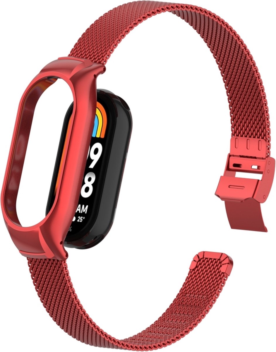 By Qubix - Milanese bandje met case - Rood - Geschikt voor Xiaomi Smart Band 8 / 9 / 10