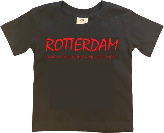 Rotterdam Kinder t-shirt | Rotterdam daar ken ik lekker me eige weze | Verjaardagkado | verjaardag kado | grappig | jarig | Rotterdam | Feyenoord | cadeau | Cadeau | Zwart/rood | Maat 110/116