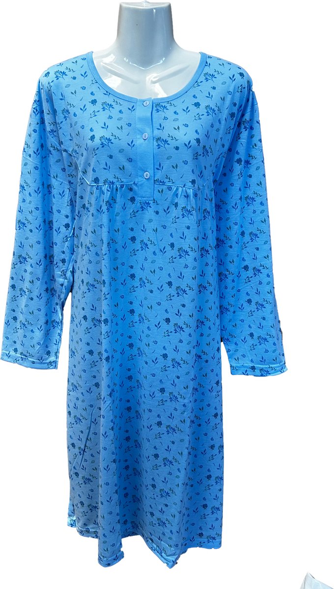 Gebloemde Nachtjapon Dames lange mouwen - Kleur Blauw - Maat L