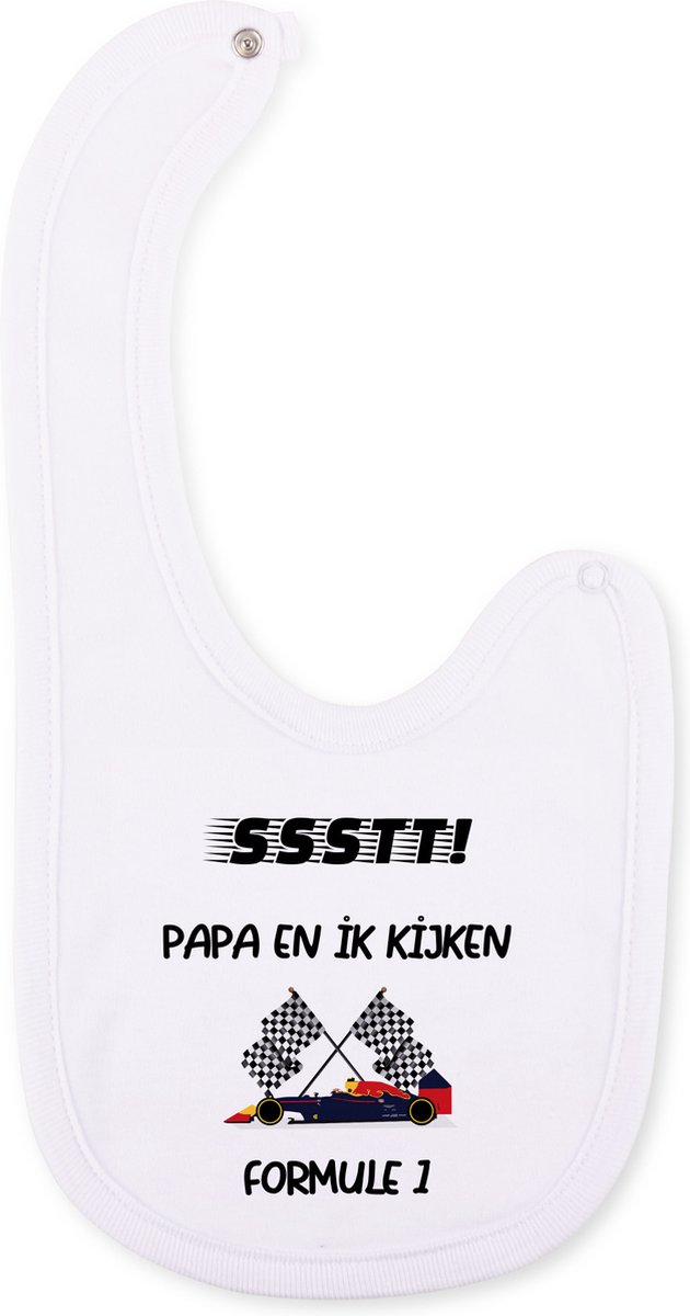 Baby slab met tekst - Slabbetjes - Slabber - Ssst.. papa & ik kijken formule 1 - slab - max verstappen - red bull racing - drukknoop