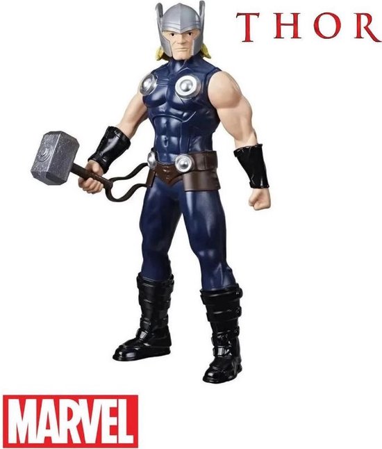 Thor-actiefiguur met hamer, Marvel-logo en Thor-tekst bovenaan.