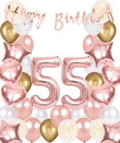 Snoes Ballonnen 55 Jaar Rose Gold White Dots - Compleet Feestpakket met cijfer ballon 55 jaar - Verjaardag Versiering Slinger Happy Birthday – Folieballon – Latex Ballonnen - Helium Ballonnen - Rose Feestpakket