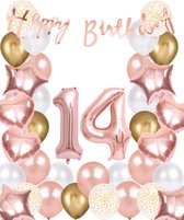 Snoes Ballonnen 14 Jaar Rose Gold White Dots - Compleet Feestpakket met cijfer ballon 14 Jaar - Verjaardag Versiering Slinger Happy Birthday – Folieballon – Latex Ballonnen - Helium Ballonnen - Rose Feestpakket