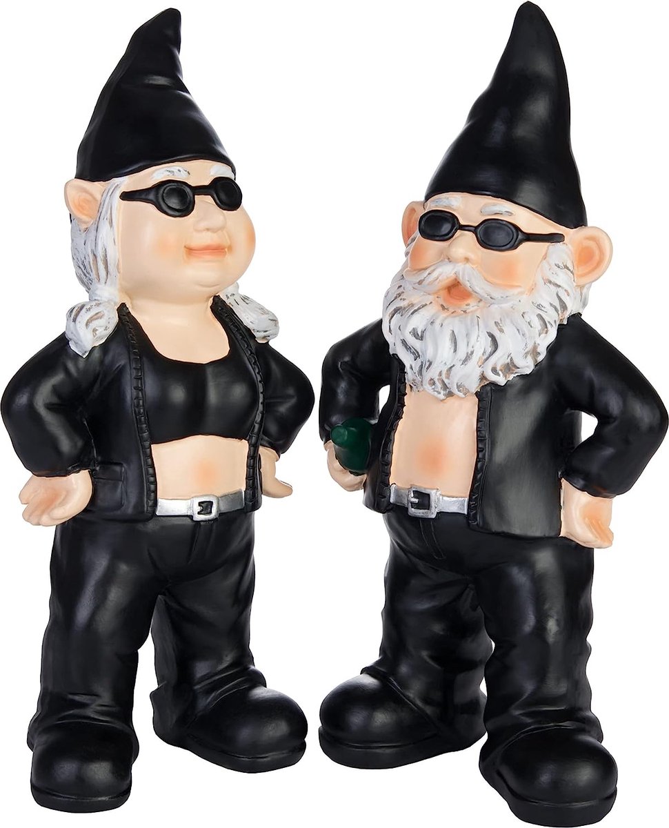 BRUBAKER Tuinkabouters Set Biker Man en Vrouw Zwart - Rocker Kabouters met Zonnebril - Grappig Tuinbeeldjes - Weerbestendige Decoratie voor Tuin en Camping - Buitentuin Decorate