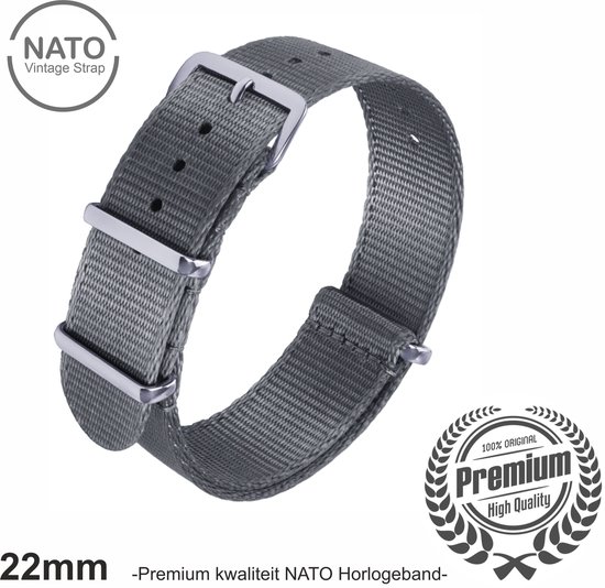 22mm Premium Nato horlogeband Grijs - Vintage James Bond look- Nato Strap collectie - Mannen - Horlogebanden - 22 mm bandbreedte