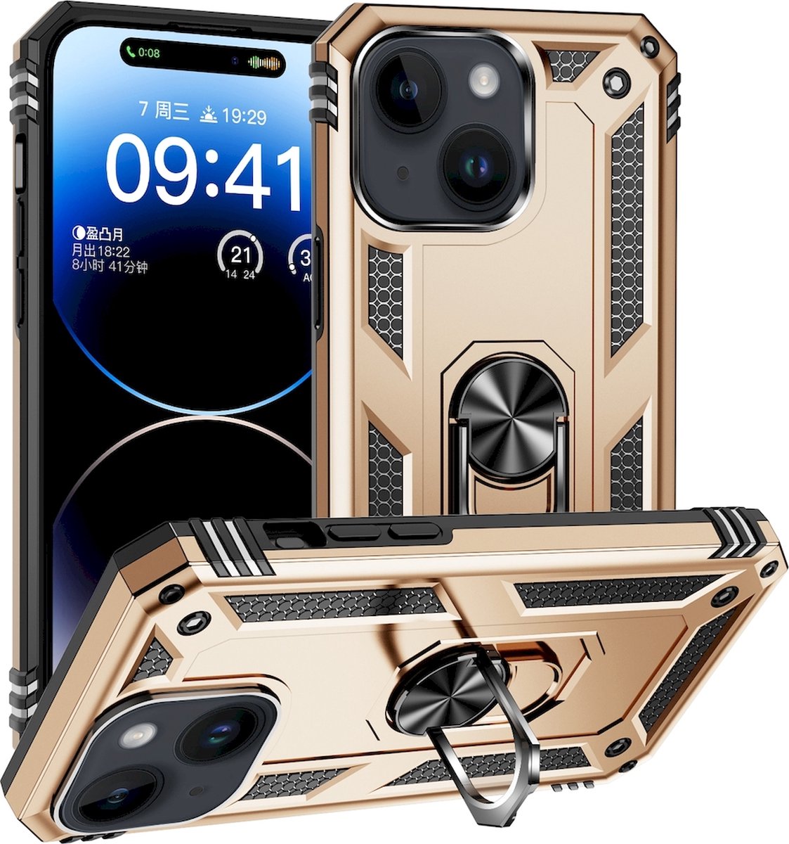 Mobigear Hoesje geschikt voor Apple iPhone 15 Telefoonhoesje Hardcase | Mobigear Armor Ring Backcover Shockproof met Ringhouder | Schokbestendig iPhone 15 Telefoonhoesje | Anti Shock Proof - Goud