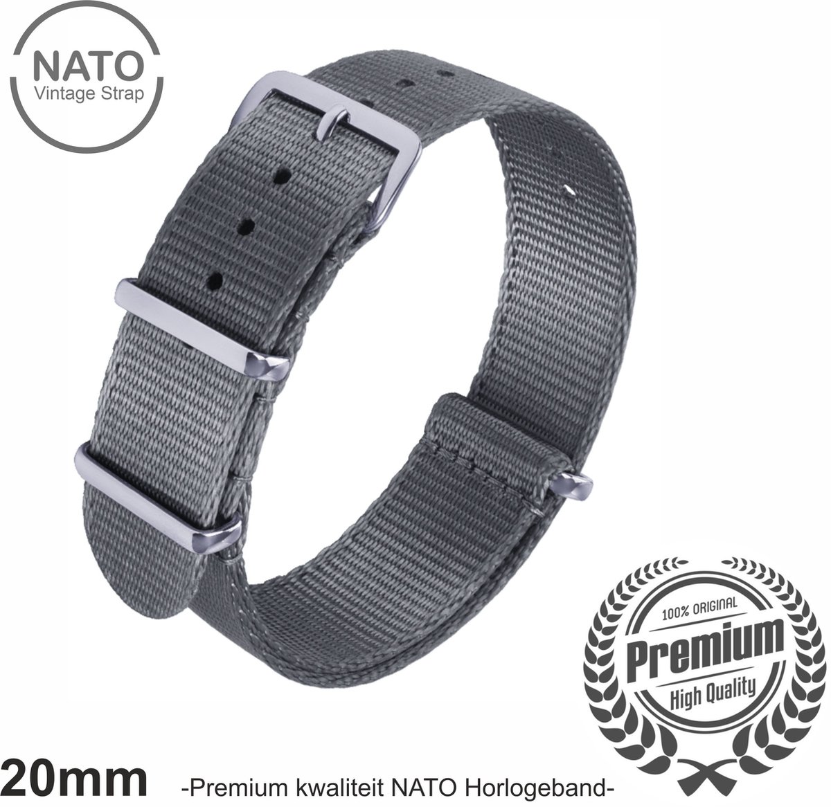 20mm Premium Nato horlogeband Grijs - Vintage James Bond look- Nato Strap collectie - Mannen - Horlogebanden - 20 mm bandbreedte