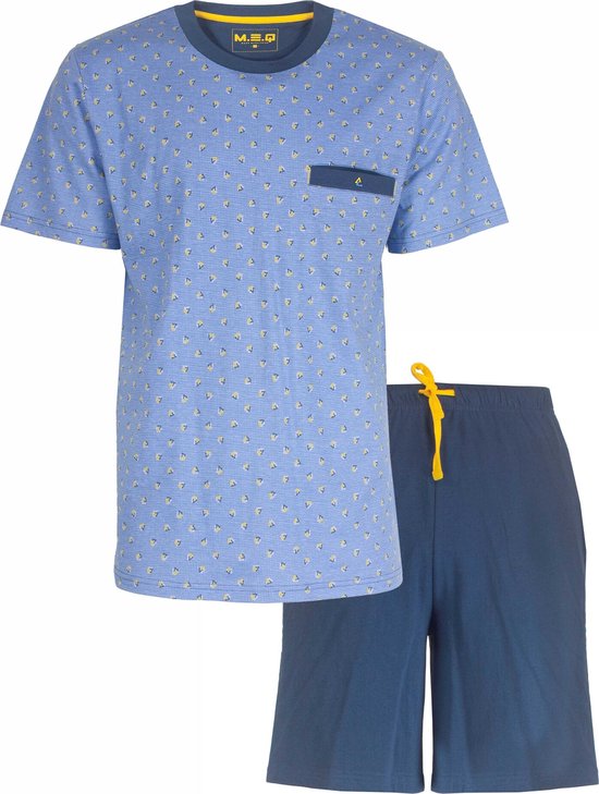 MEQ Heren Shortama - Pyjama Set - Korte Mouwen - 100% Katoen – Licht Blauw - Maat S