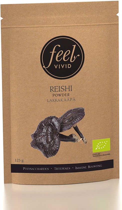 Bruine verpakking Feel Vivid Reishi poeder met afbeelding van donkere paddenstoelen en EU-biologisch keurmerk.