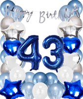 Snoes Ballonnen 43 Jaar Set Mega Blauw Zilver Ballon - Compleet Feestpakket Cijferballon 43 Jaar - Verjaardag Versiering Slinger Happy Birthday – Folieballon – Latex Ballonnen - Helium Ballonnen