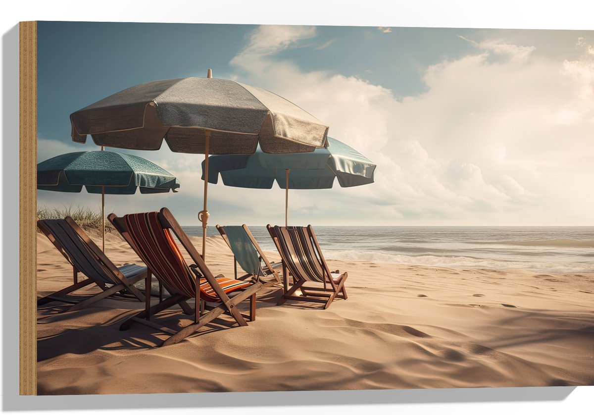 Hout - Strandstoelen en Parasols op het Strand op Bewolkte Dag - 60x40 cm - 9 mm dik - Fot