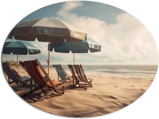Dibond Ovaal - Strandstoelen en Parasols op het Strand op Bewolkte Dag - 96x72 cm Foto op Ovaal (Met Ophangsysteem)