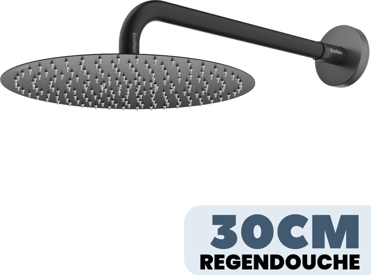 EcoRain© 30% Waterbesparende Regendouchekop Tyler 30 CM Rond met Douchearm - Hoge Druk - Universele Aansluiting - Anti-kalk Douchekop - 2 jaar garantie - Zwart