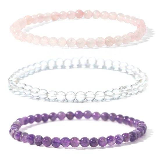Bixorp Gems Or Driehoek Pierres Précieuses Bracelets Set 4mm - Quartz Rose + Améthyste + Bracelets de perles Cristal de Roche - 18cm