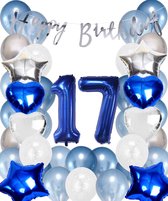 Snoes Ballonnen 17 Jaar Set Mega Blauw Zilver Ballon - Compleet Feestpakket Cijferballon 17 Jaar - Verjaardag Versiering Slinger Happy Birthday – Folieballon – Latex Ballonnen - Helium Ballonnen