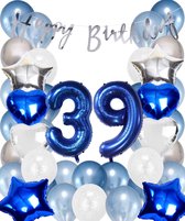 Snoes Ballonnen 39 Jaar Set Mega Blauw Zilver Ballon - Compleet Feestpakket Cijferballon 39 Jaar - Verjaardag Versiering Slinger Happy Birthday – Folieballon – Latex Ballonnen - Helium Ballonnen