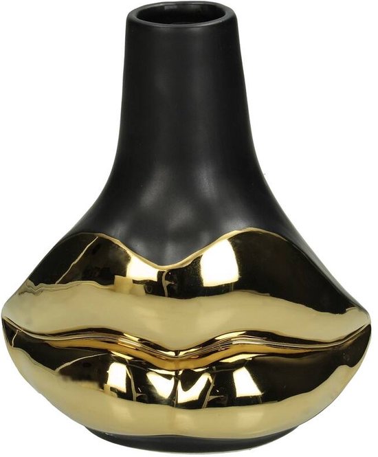 ZoeZo Design - vaas - lippenvaas - mondvaas - kleine vaas - goud - zwart - aardewerk - Br 15.5 - diep 10 cm - Hoogte 17.5 cm