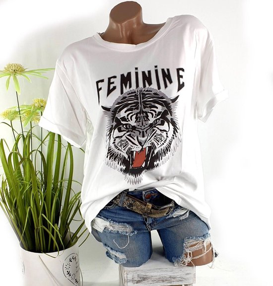 Trendy katoenen zomer t-shirt met print "feminine" tijgerkop kleur wit maat L/XL 40 42 44