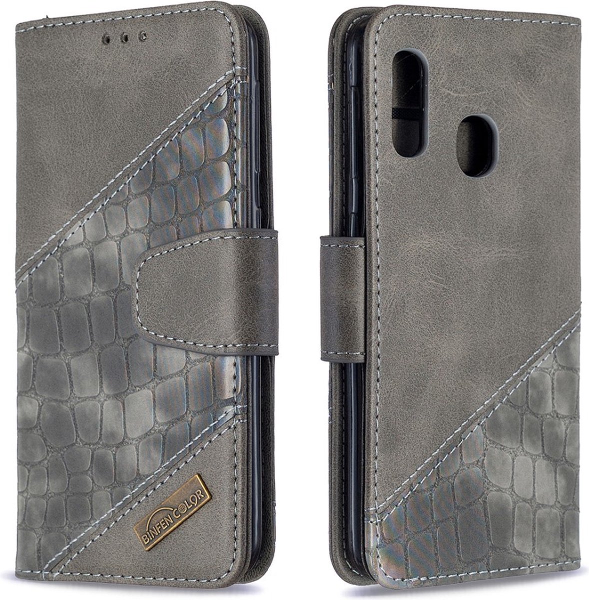 BINFEN Croco Book Case - Geschikt voor Samsung Galaxy A20e Hoesje - Grijs