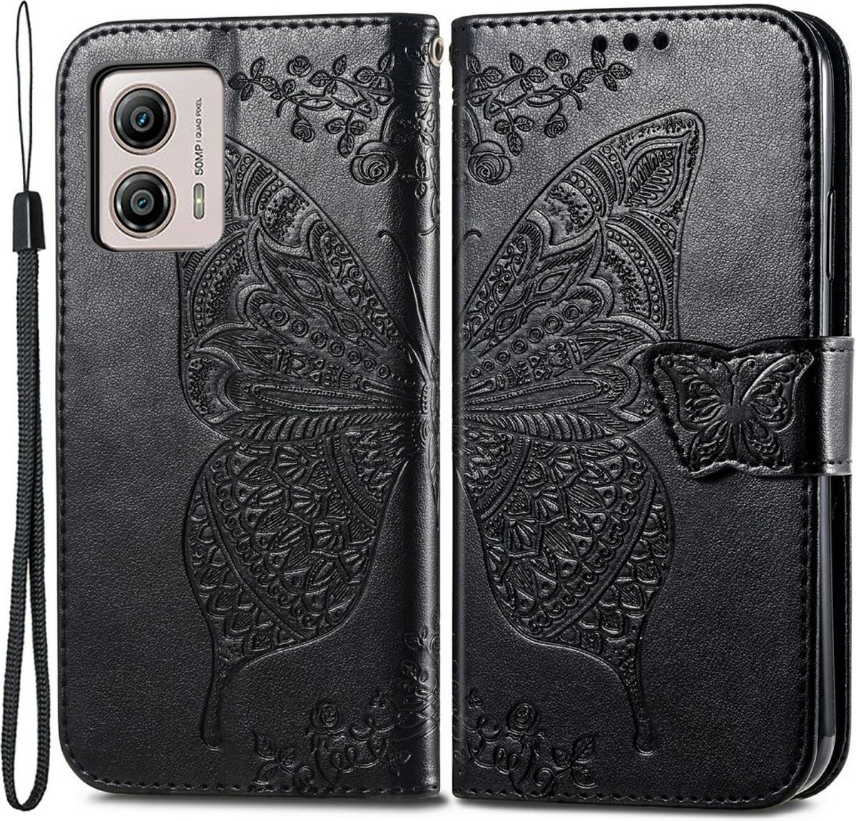 Coverup Hoesje - Geschikt voor Motorola Moto G53 Hoesje - Coverup Vlinder Book Case - Zwart