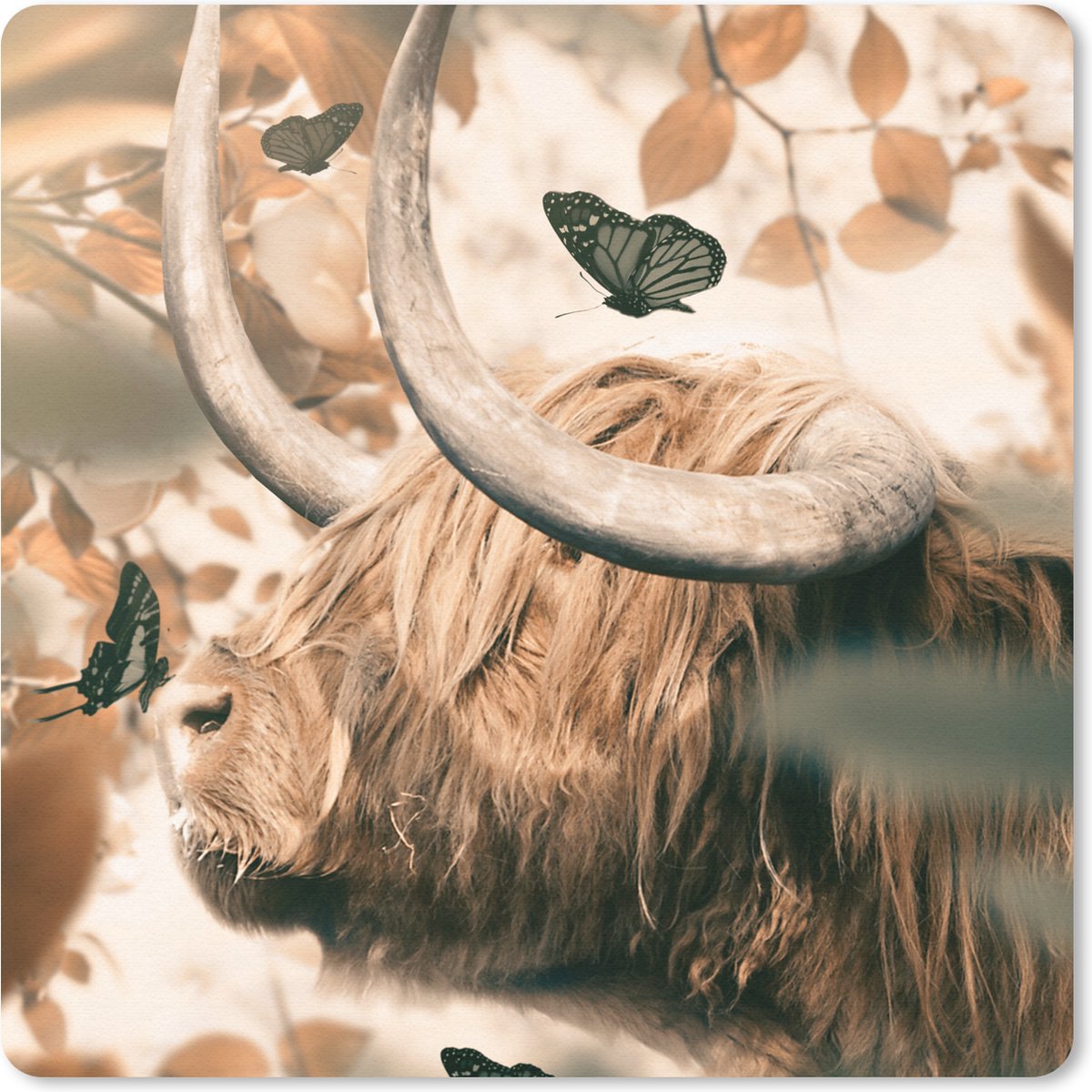Muismat 20x20 cm - Mousepad Schotse hooglander - Vlinder - Bladeren - Muismatten