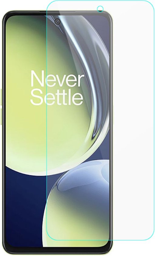Een transparant display beschermfolie voor een OnePlus Nord CE 3 Lite 5G telefoon, met uitsparing voor de camera.