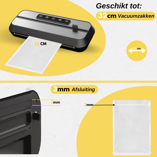 Vacumeermachine geschikt voor 32cm vacuümzakken. Illustreert de 3mm afsluiting.