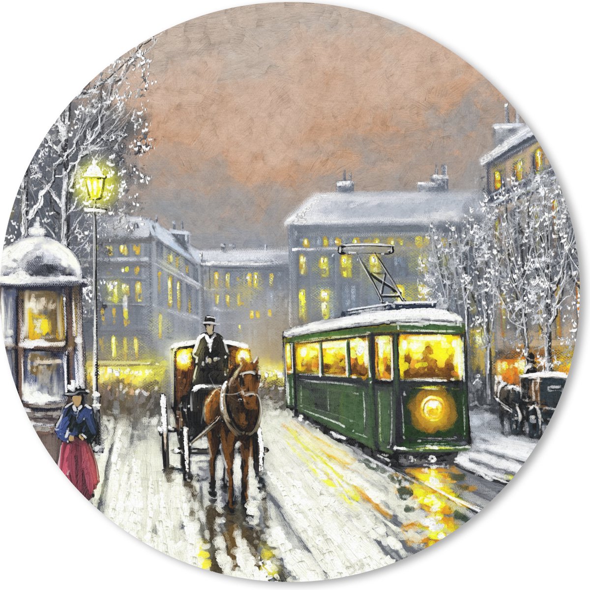 Muismat rond 30x30 cm - Mousepad Schilderij - Olieverf - Winter - Tram - Paard - Ronde muismatten