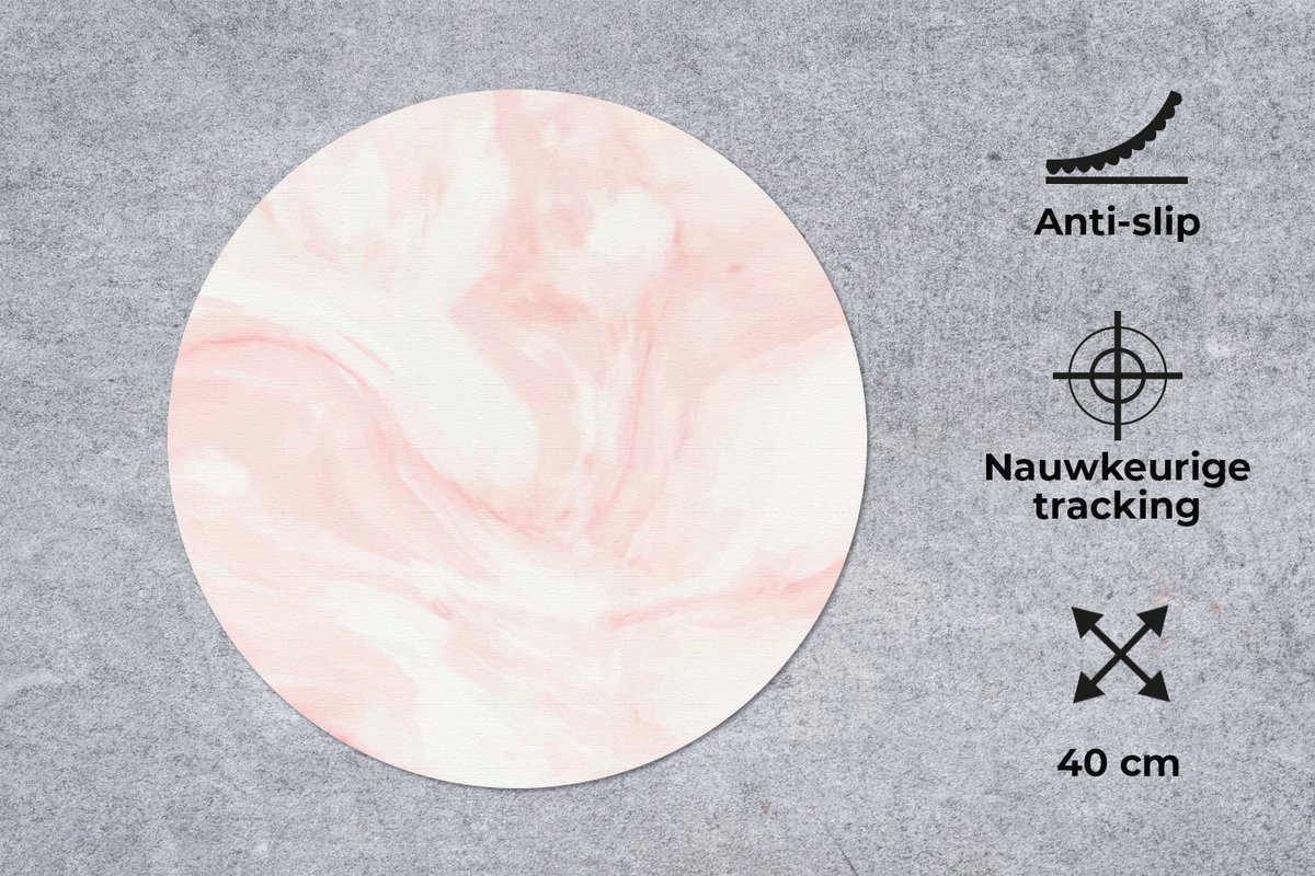 Muismat rond 40x40 cm - Mousepad Marmer - Wit - Roze - Pastel - Ronde muismatten