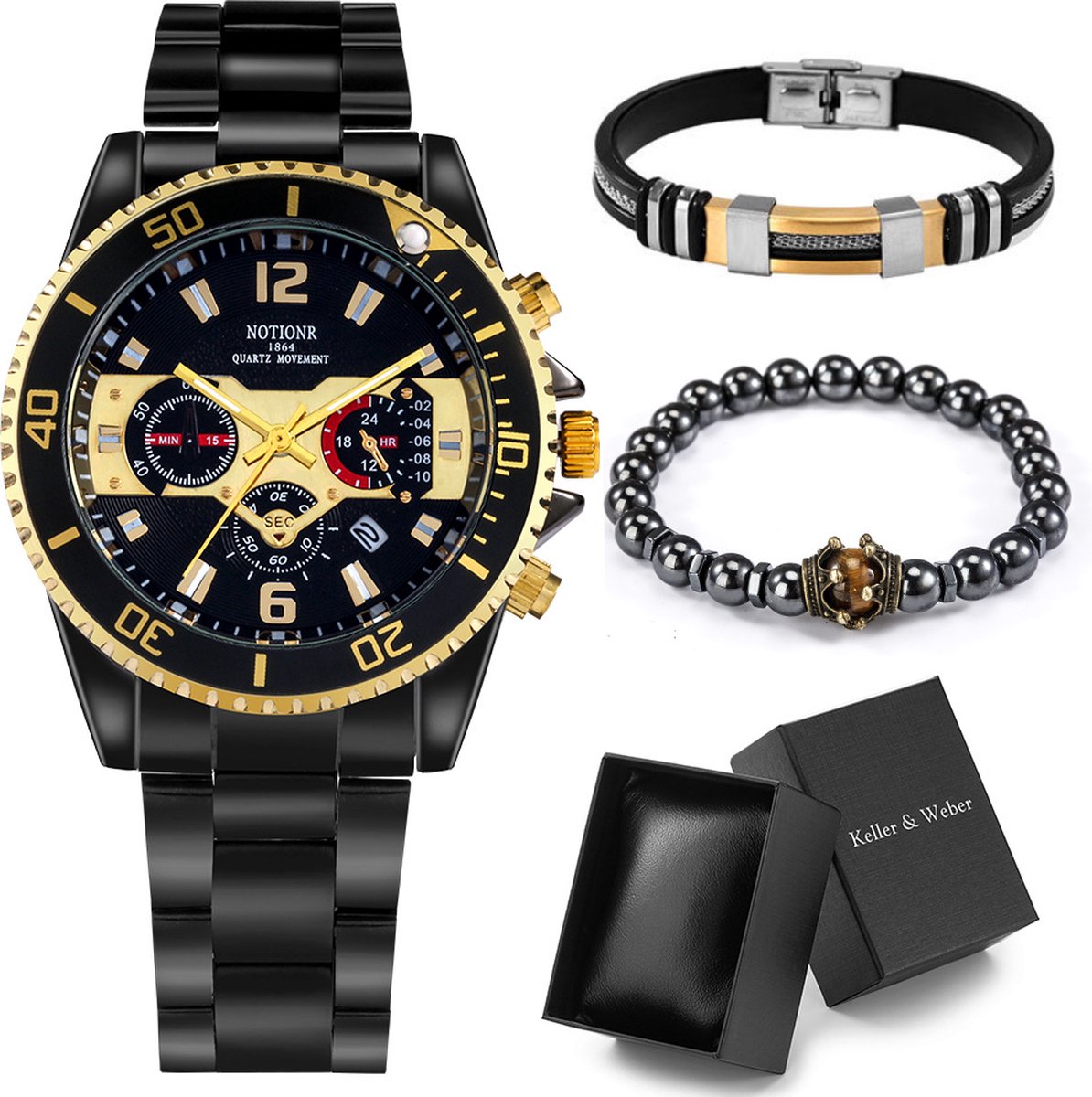 heren horloge geschenkset - 2 gelige armbanden - horloge - vaderdag - Valentijnsdag - heren cadeau - kleur zwart