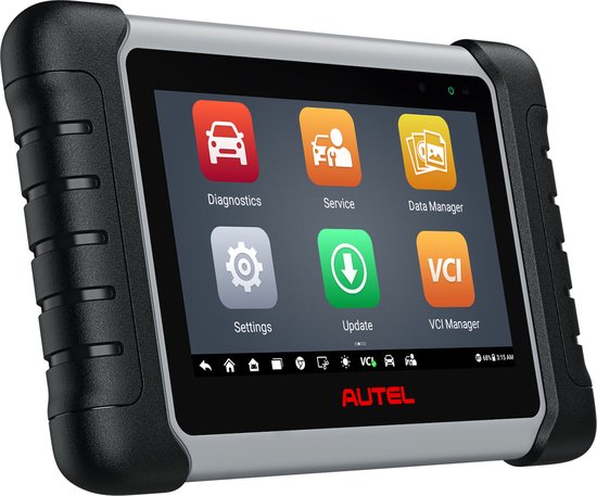 Grijze Autel MaxiCOM MK808BT PRO diagnose tablet met zwart, robuust omhulsel. Het scherm toont Autel iconen: Diagnostics, Service, Data Manager, Settings, Update, VCI Manager.