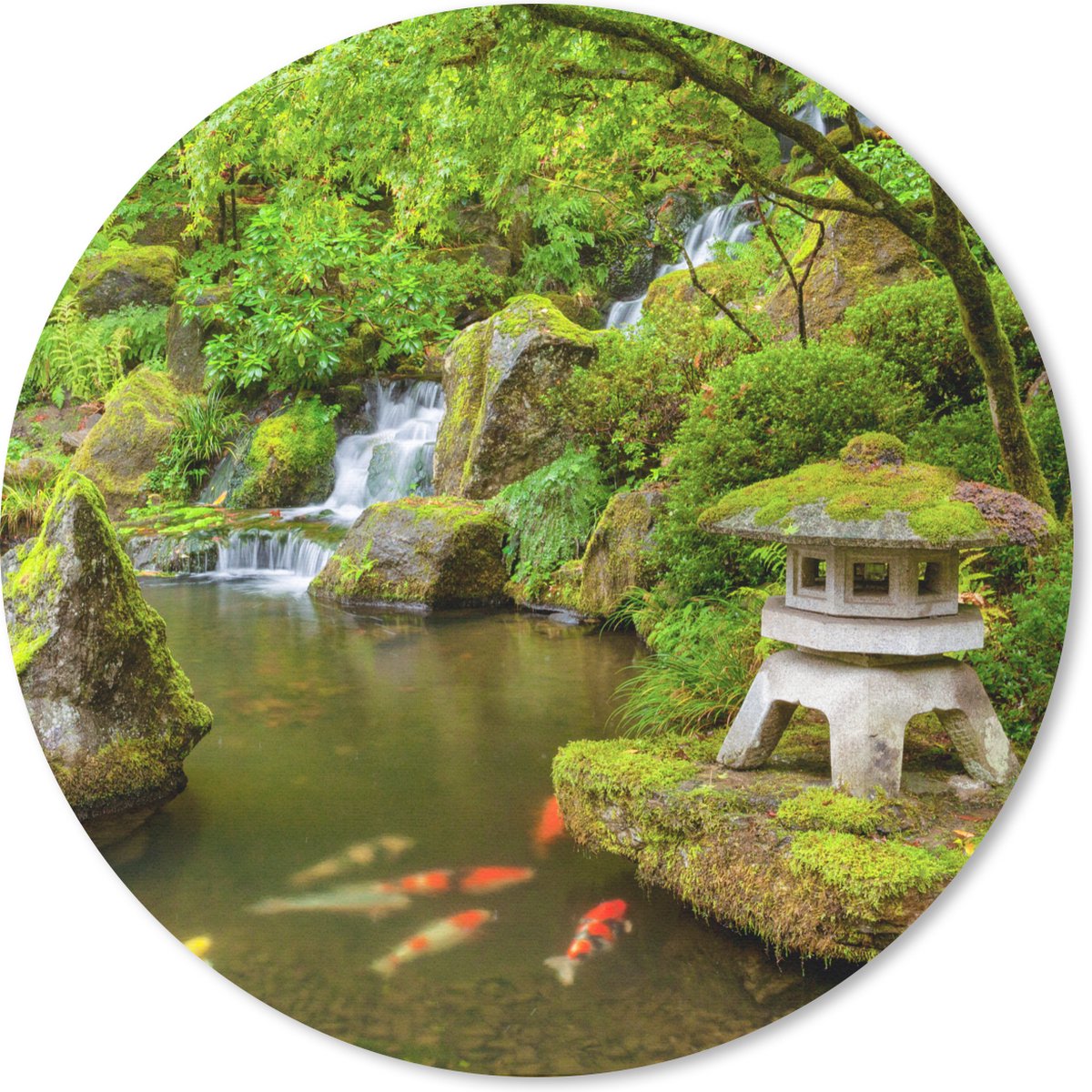 Muismat rond 20x20 cm - Mousepad Waterval - Koi - Japanse lantaarn - Mos - Water - Ronde muismatten